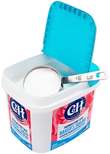 An open tub of C&H® Baker's Sugar
